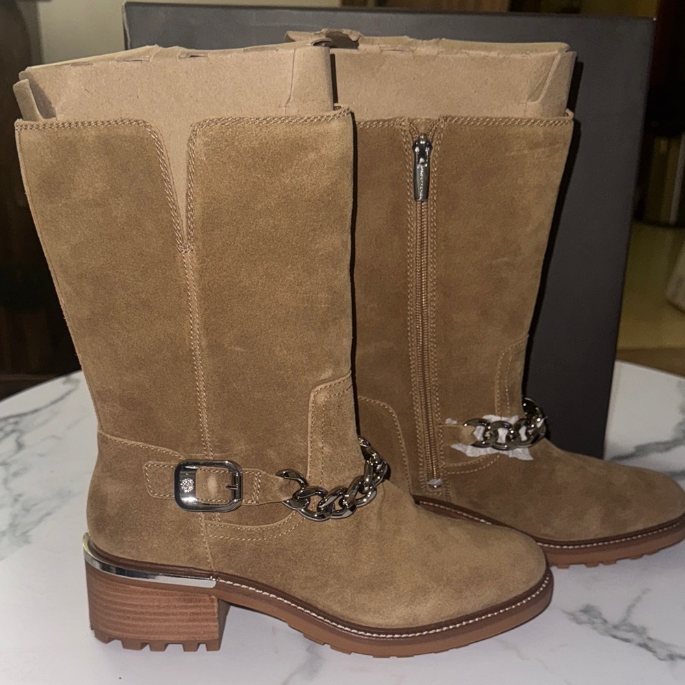 Vince Camuto Tan Combat Boots with Chain Detail - Picture 3 of 8